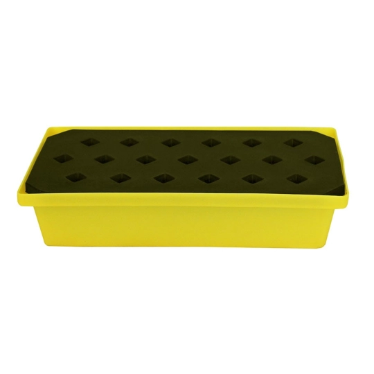 Spill containment tray with grid for small containers, yellow