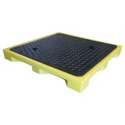Spill containment pallet with grating for 4 drums, low profile, increased load capacity 1310 x 1310 x 150 mm