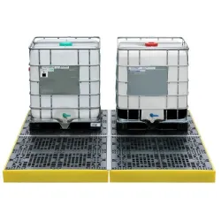 Set of low-profile spill containment trays for 4 IBCs with grating, 1200 l, 3320 x 2520 x 150 mm