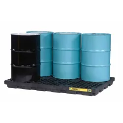 Low-profile spill containment tray for 6 drums with grating, 276 l, 1854 x 1245 x 140 mm