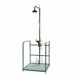 Combined shower and eyewash unit on a platform, stainless steel elements