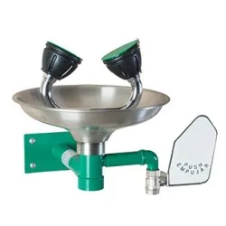Wall-mounted eyewash station, stainless steel bowl