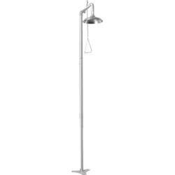 Safety shower mounted to the floor entirely made of stainless steel