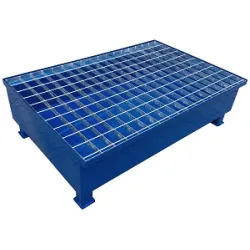 Catch basin with grating and feet, painted steel, for 2 drums 1200 x 800 x 380 mm