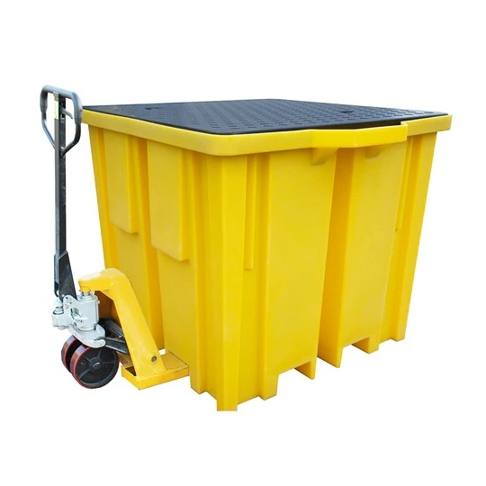 High-profile spill containment pallet with grating for 1 IBC