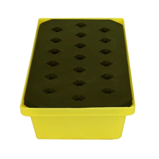 Spill containment tray with grid for small containers, yellow