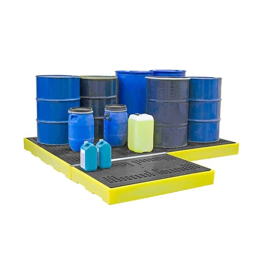 Low-profile spill containment tray with grating for 4 barrels