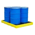 Low-profile spill containment tray with grating for 4 barrels