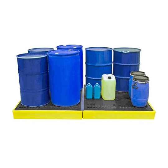Low-profile spill containment tray with grating for 4 barrels