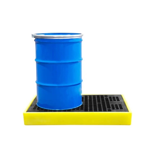 Low-profile spill containment sump with grid for 2 drums