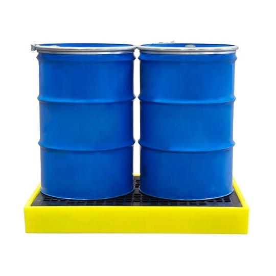 Low-profile spill containment sump with grid for 2 drums