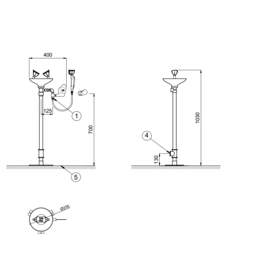 Floor-mounted eye wash + single eye wash on hose