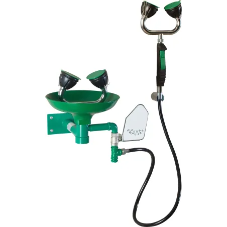 Wall-mounted eye wash with tray and additional double nozzle
