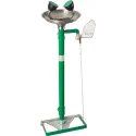 Floor-mounted eyewash with foot pedal and hand valve