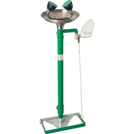 Floor-mounted eyewash with foot pedal and hand valve