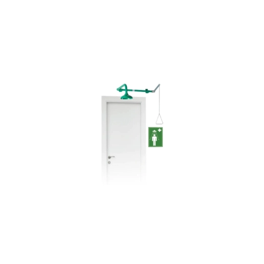 Safety shower mounted to the wall above the door