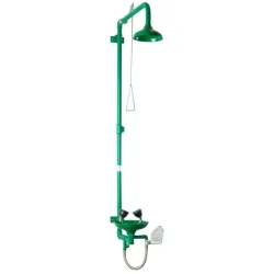 Combined shower and eyewash unit mounted to the wall