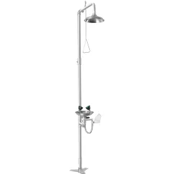 Combined device, shower and eyewash floor-mounted, entirely made of stainless steel