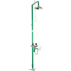 Combined unit, shower and eyewash mounted to the floor, stainless steel elements