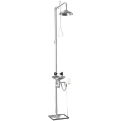 Combined shower and eyewash unit floor-mounted with foot pedal entirely made of stainless steel