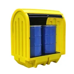 Workstation with sliding doors and spill tray for 2 drums, 230 l