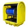 Workstation with sliding doors and spill tray under 1 drum with cradle, 230 l