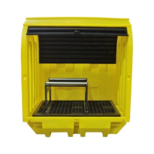 Workstation with sliding doors for 2 drums with cradle, 230 l,