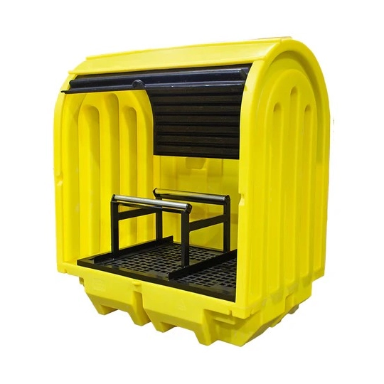 Workstation with sliding doors for 2 drums with cradle, 230 l,