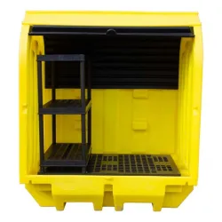 Workstation with sliding doors and a spill containment sump for 1 drum and small containers, 230 l