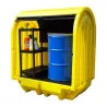 Workstation with sliding doors and a spill containment sump for 1 drum and small containers, 230 l