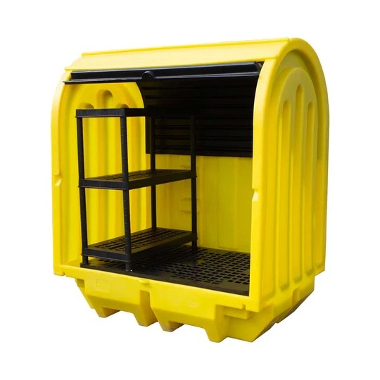 Stanowisko robocze z drzwiami suwnymi pod 2 beczki, z półkami, 230 l