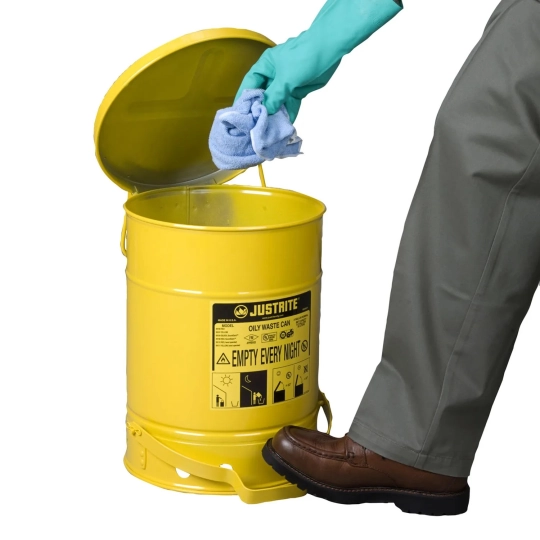 Safety container for oily waste, steel, sound-dampening insert, foot opening, 38 l, FM, TÜV