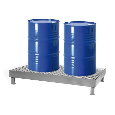 Galvanized steel spill containment pallet with grating for 2 barrels