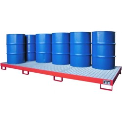 Low-profile steel spill tray with grating for 10 barrels, 3250 x 1300 x 195 mm