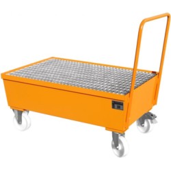 Mobile steel spill containment pallet for 2 drums, 1280 x 800 x 1110 mm