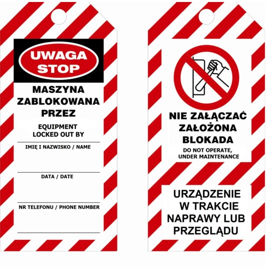 Zawieszka LOTO miękka z metalowym kółkiem: "Urządzenie w trakcie naprawy lub przeglądu" 75 x 160 mm