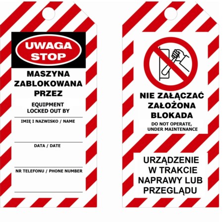 Zawieszka LOTO miękka - "urządzenie w trakcie naprawy lub przeglądu" 75 x 160 mm bez metalowego oczka