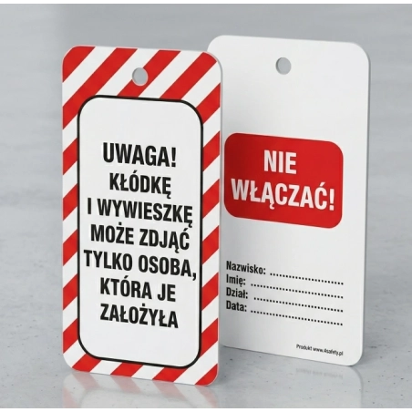 Zawieszka LOTO miękka z metalowym kółkiem: "Kłódkę i wywieszkę może zdjąć tylko osoba:" 75 x 160 mm