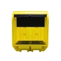 Workstation with sliding doors and a spill tray for 2 barrels