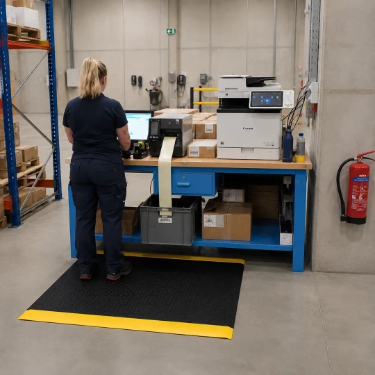 Mata antyzmęczeniowa 4safety, W2, 60 x 91 cm, czarno-żółta, środowisko suche do długotrwałej pracy stojącej, z taśmami FloorHold